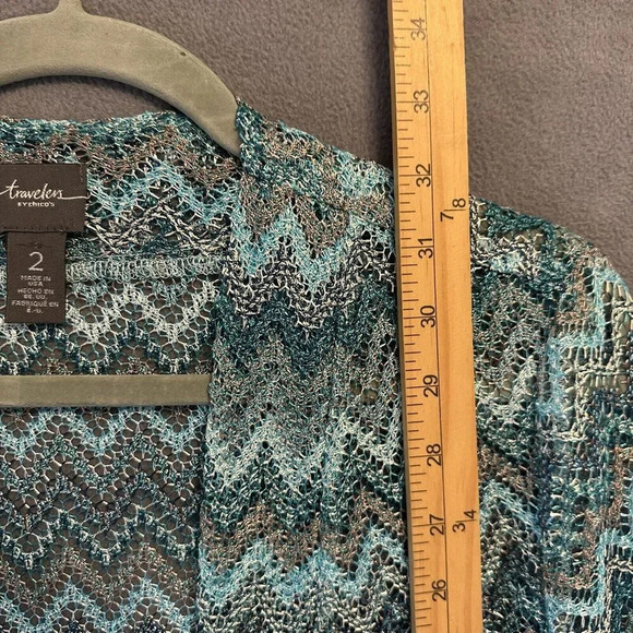 Chicos Travelers Collection Chevron Open Cardigan Blue Size 2 (L) Sheer Zigzag - Picture 4 of 7